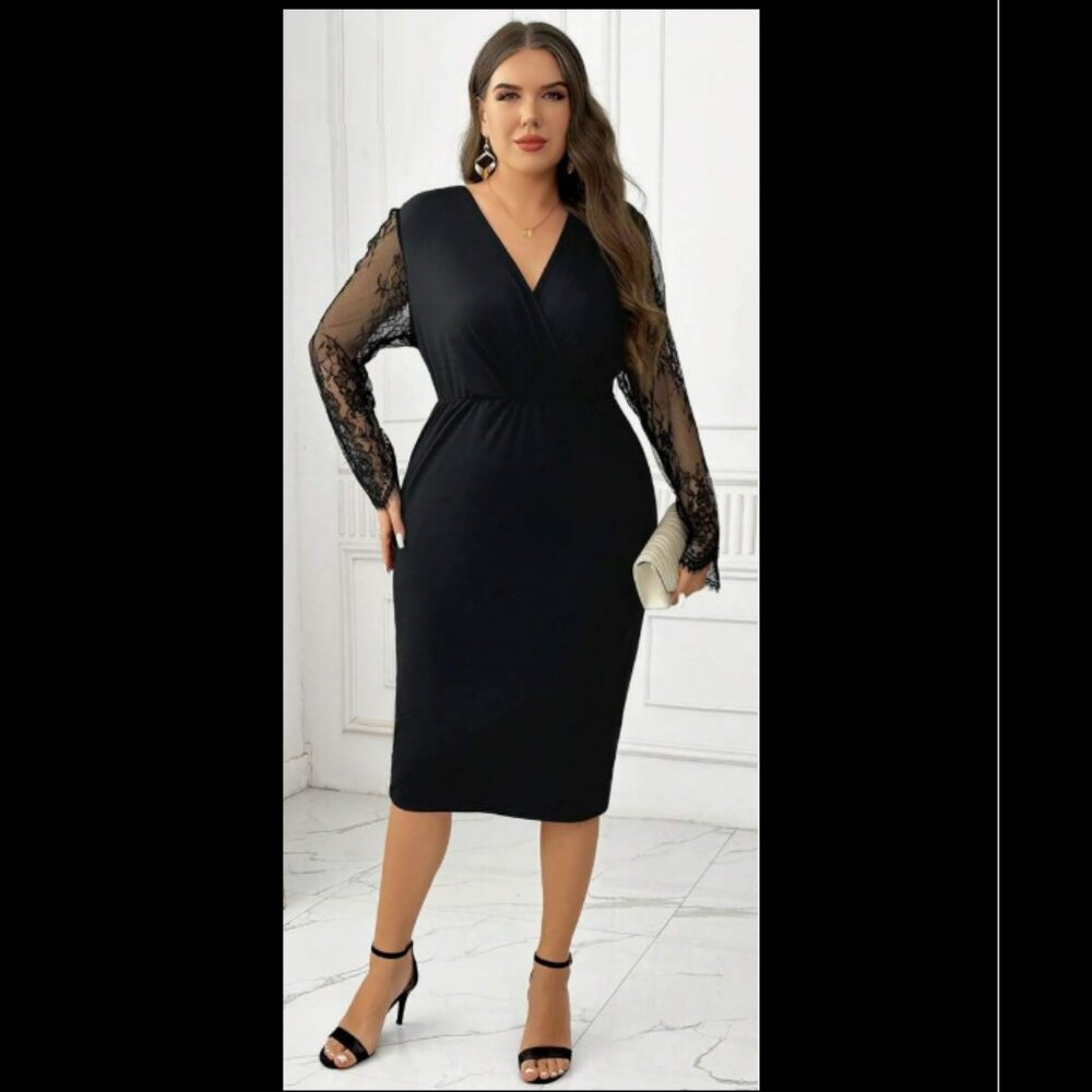Classi Plus Size Women Elegant Lace Splicing V-Neck Long Sleeve Slim Fit Evening